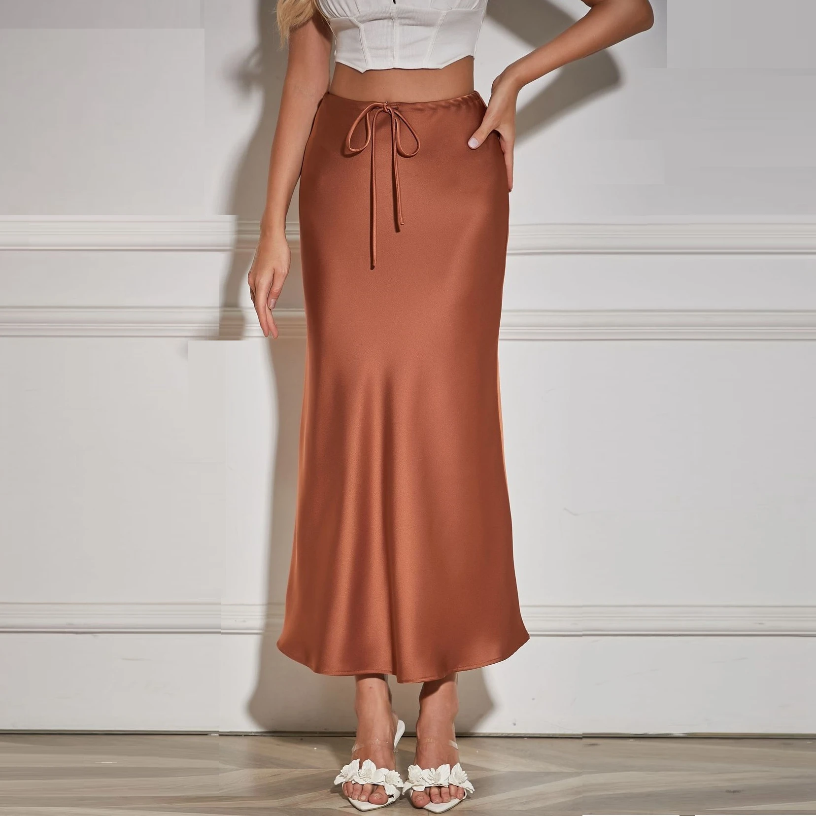 Women Hot Sale Fashionable Plain Color Floor-Length Drawstring Slimming High waist Casual Satin Skirt