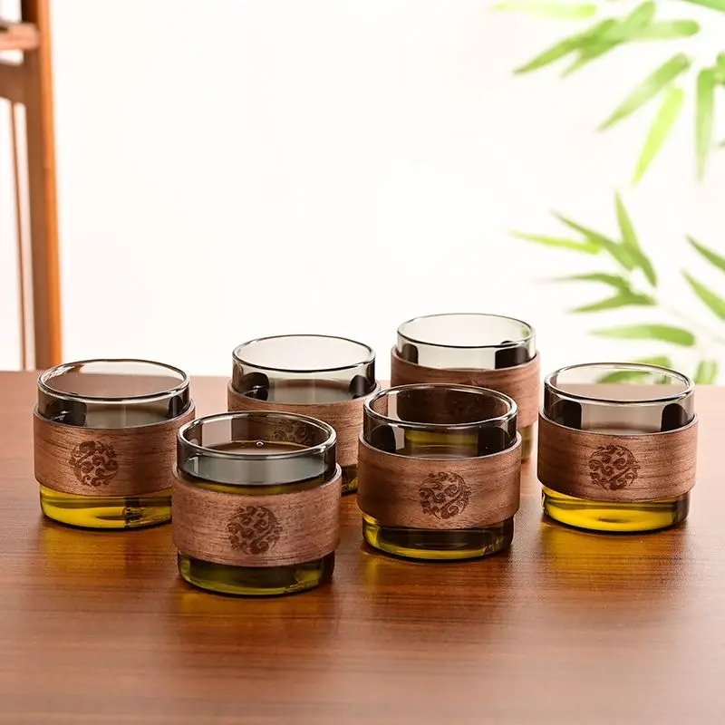High borosilicate glass Japanese vertical grain glass tea cup walnut ring insulated coffee cup tea cup
