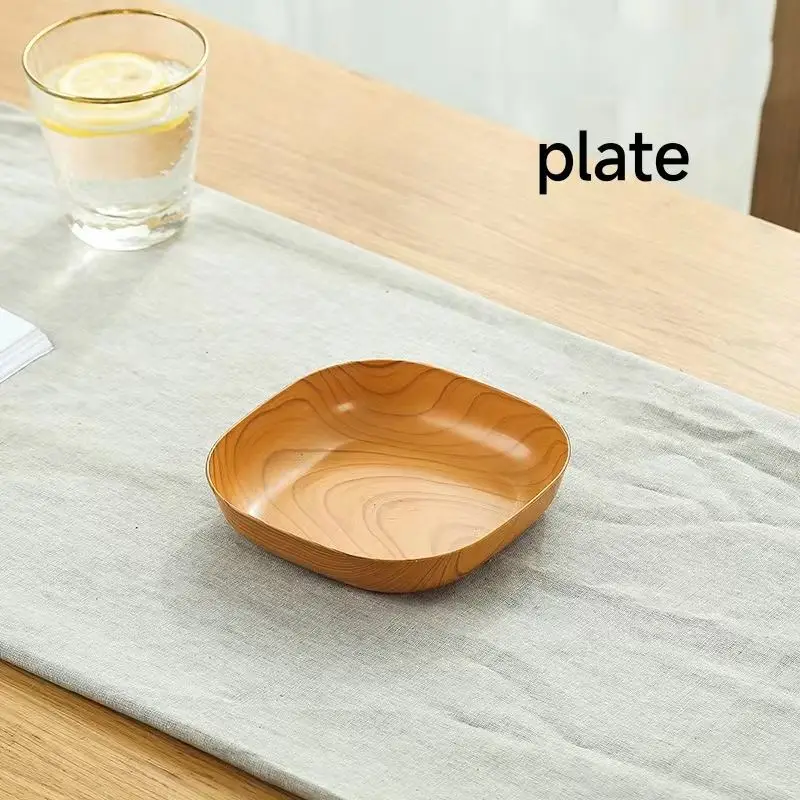 Imitative Wood Plastic Plate Snack Tray Cake Fruit Plate Sushi Breakfast Dried Fruit Dish Bone Spitting Bone Dish Set Tableware