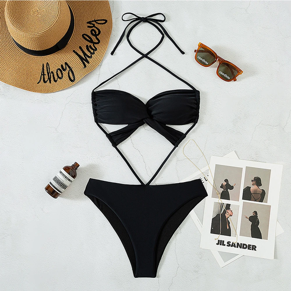 Skimpy Teen Bikini Swimwear For Girl Black Cross-Lacing Cut-Out One-Piece Swimsuit