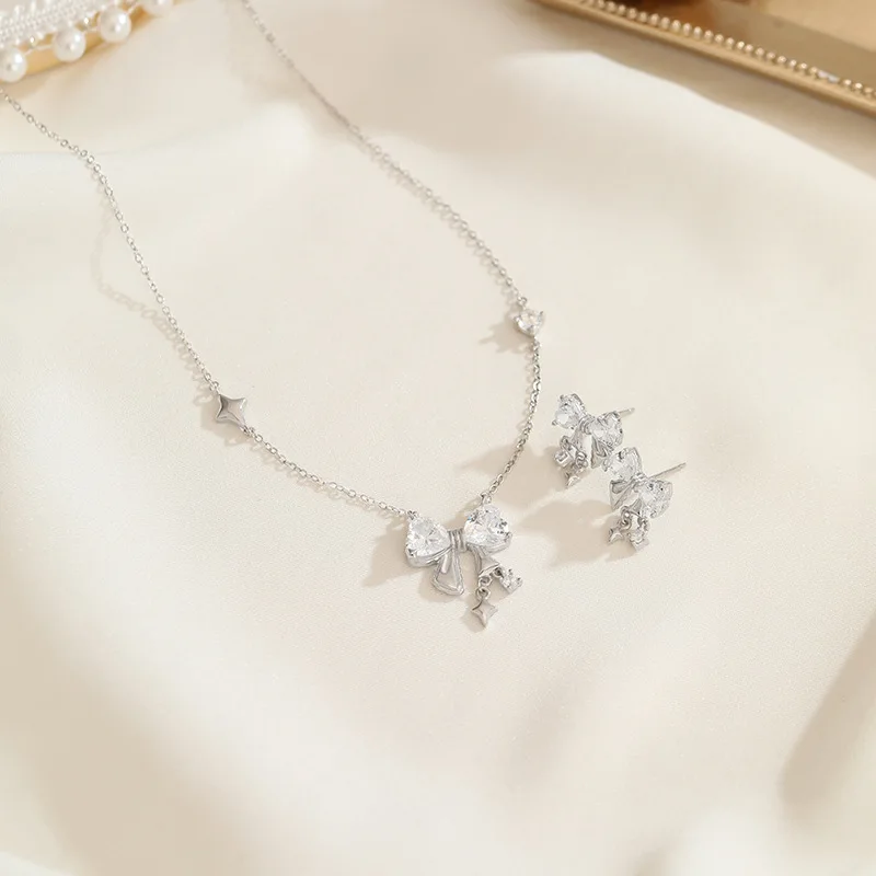 S925 Sterling Silver Star Bow Zircon Jewelry Necklace INS Style Korean Internet Celebrity Niche Design Sense Clavicle Chain