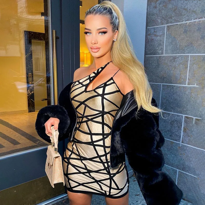 Sexy Print Ladies One Shoulder  Sleeveless Slim  One Piece Short Skirt Women dress causal dresses for women