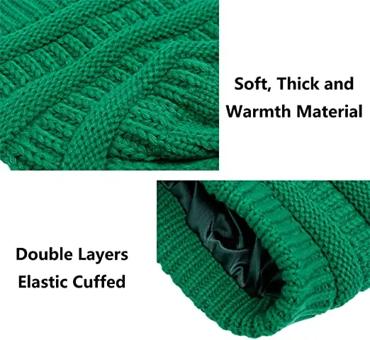 Winter Knitted Satin Lined Green Color Beanie Hats for Women Slouchy Cable Beanie Silky Soft Washed Warm Hat