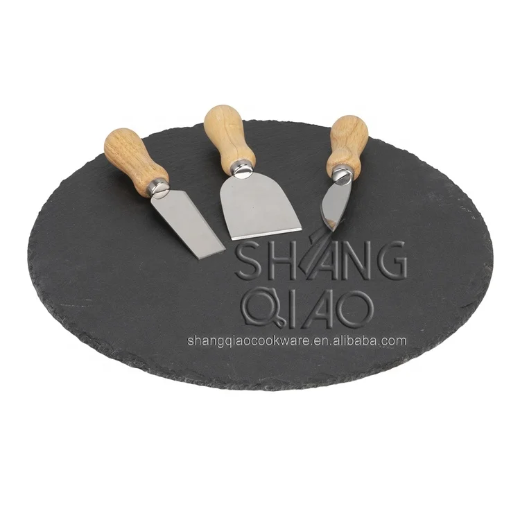 
30 cm Slate Round Serving and Cheese Board with Cheese Knife Set Natural Slate Cheese Plates for Kitchen Dining 
