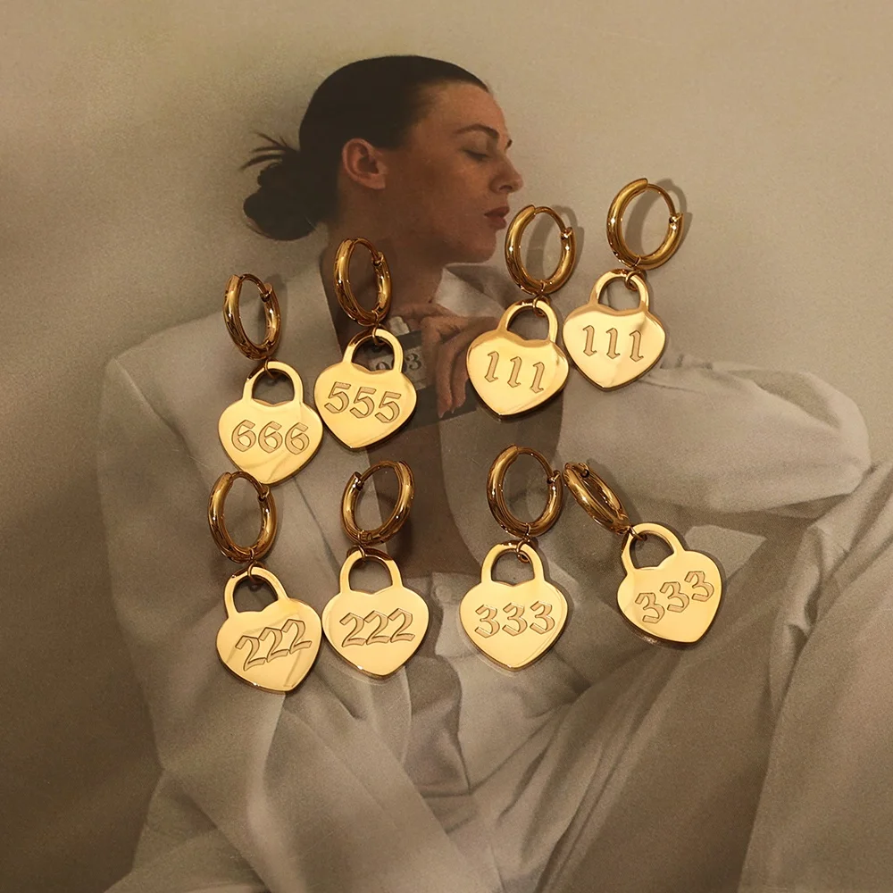 Trendy Stainless Steel 111-999 Lucky Number Heart Earrings Jewelry Bulk Wholesale Waterproof Tiny Heart Angel Number Earring