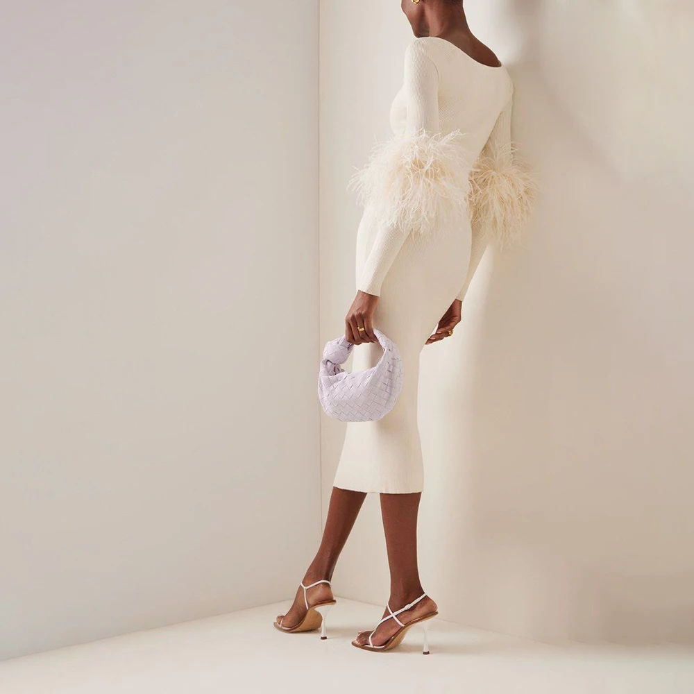 Ostrich Feather trim dress long party white feather Matte Midi stage fur dress cut out feather dress women