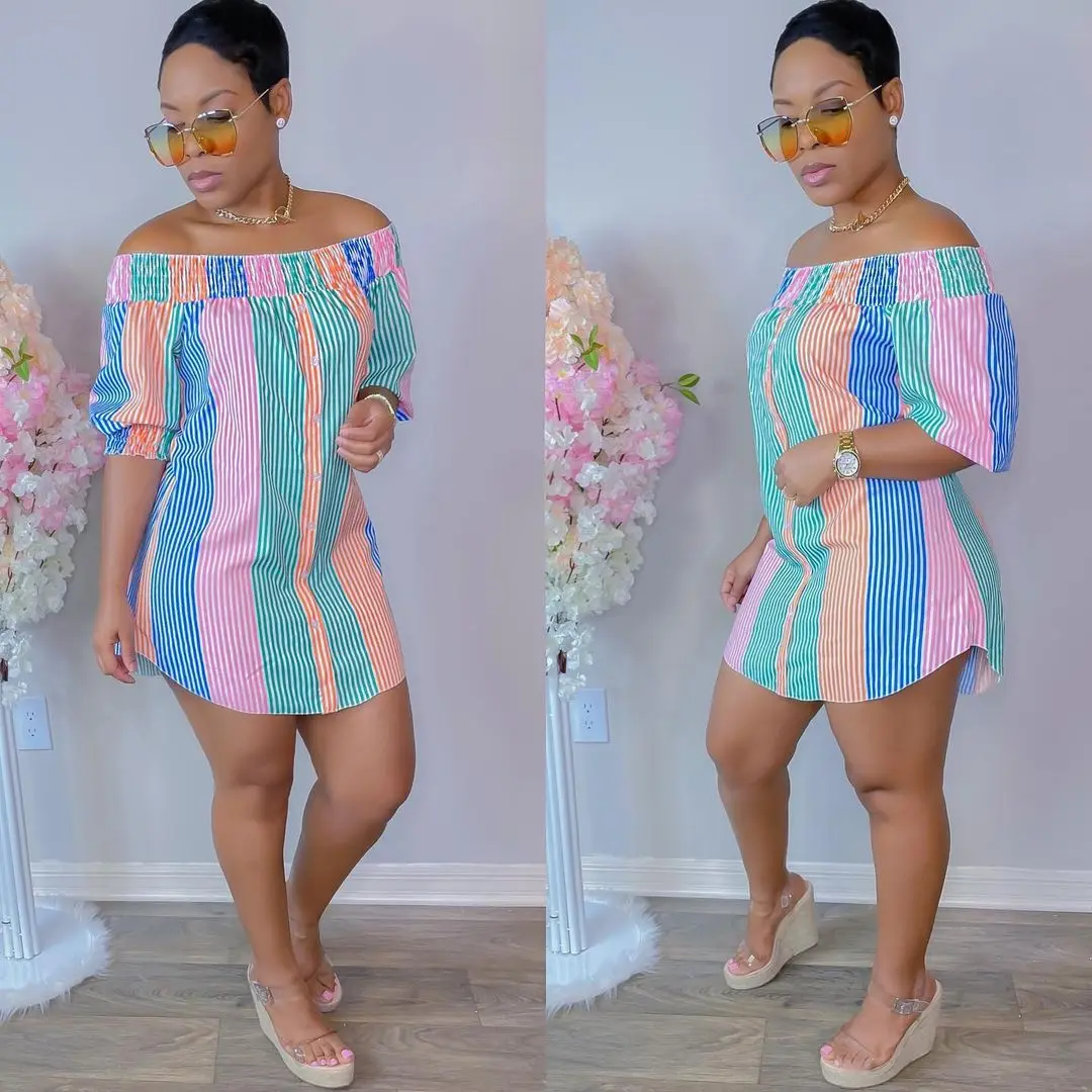 2022 Summer Casual Clothings Women Striped Print Contrast Color Off Shoulder Short Sleeve Summer Dress
