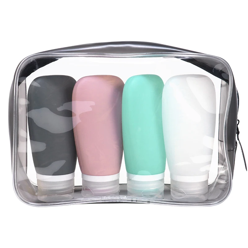 Portable Leak Proof 3oz 90ml Travel Kit 4 Pack Bottle Travel Size Silicon Toiletry Bottles Squeezable Travel Bottle Set with Bag