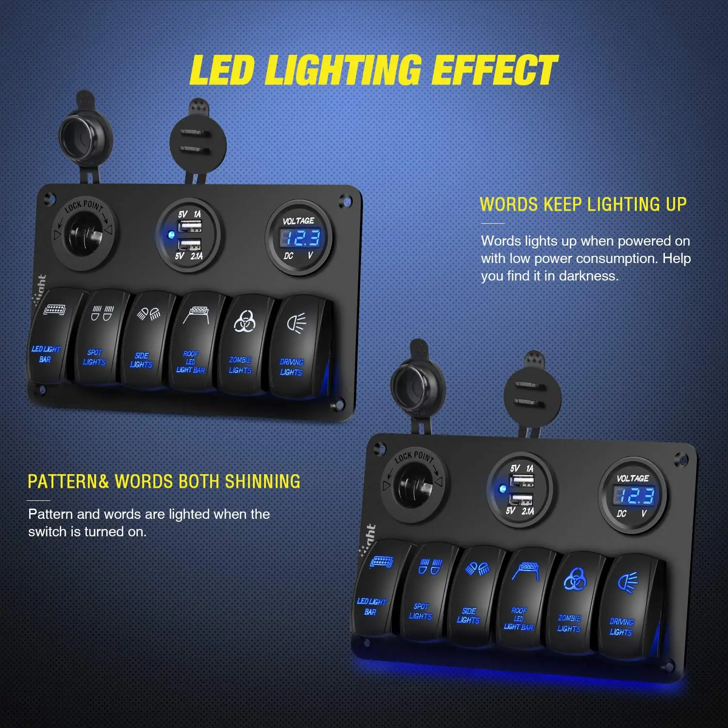 6 Gang Laser LED Light Bar Rocker Switch Panel With Cigarette Lighter and Dual USB and Voltmeter for 12V/24V Cars