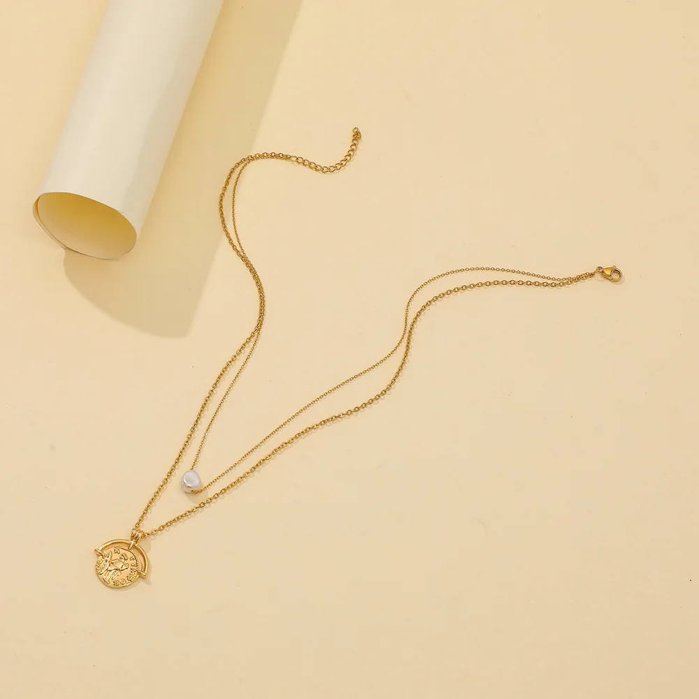 
Dvacaman 2021 Fashion Designer Dainty Multi Layer Portrait Coin Pearl Pendant Necklace Stainless Steel Necklace for Women 