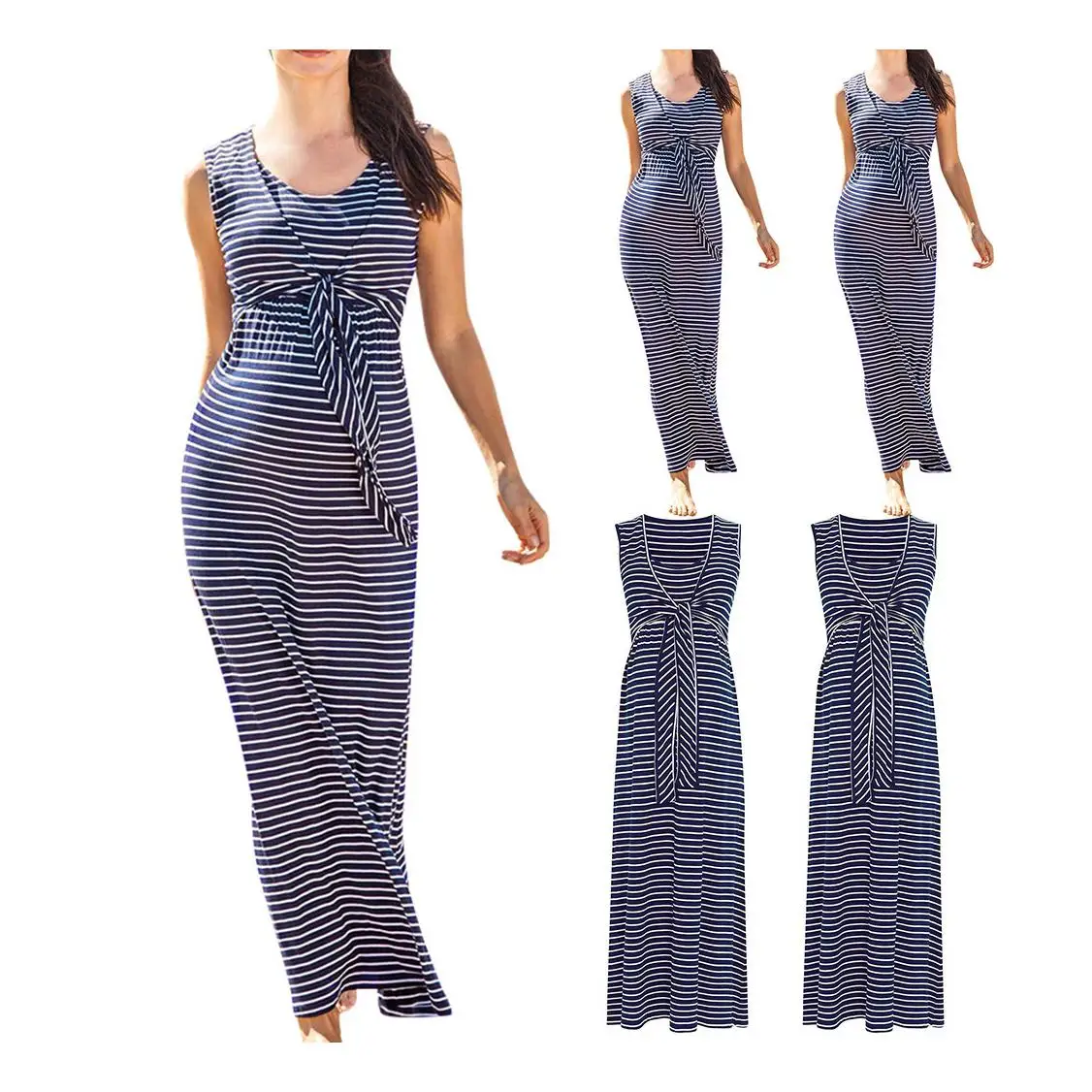  Women Summer Maxi Dresses Maternity Breastfeeding Nursing Striped Sleeveless Long Dress
