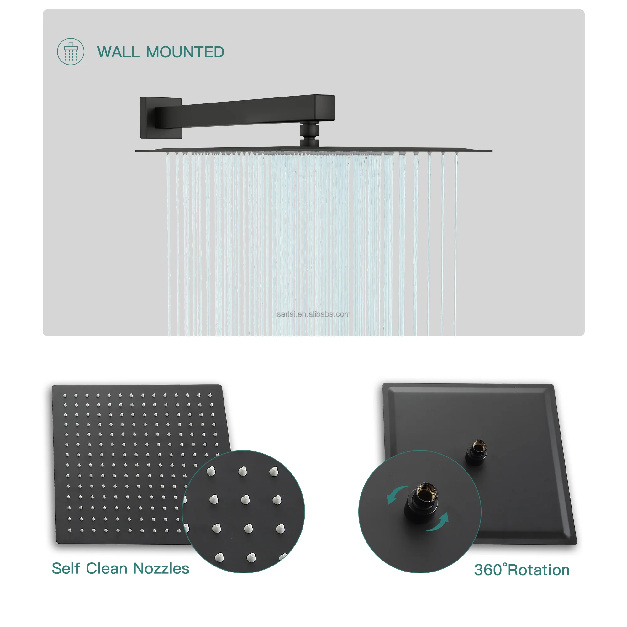Black All Copper Square Flush Mounted Wall Shower Shower Set Three Function Embedded Shower Faucet