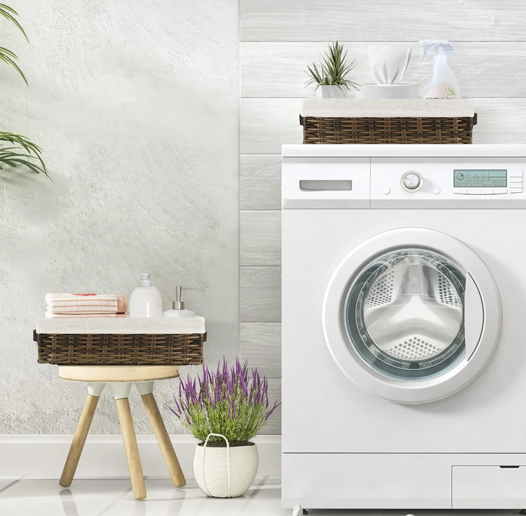 Wholesale Rectangle Handmade Woven Bathroom Tray PP Rattan Plastic Storage Bins Toilet Storage Basket