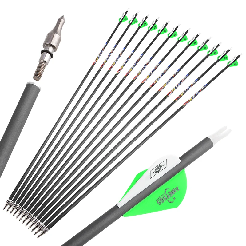 Archery 100 Grain Steel Point Arrow 32 inch ID 6.2mm rubber feather Archery hunting Pure Carbon target Arrow