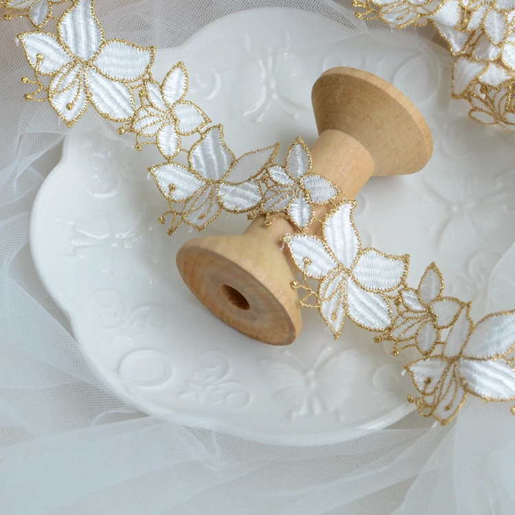 LS793 High End Gold Thread Flower Embroidery Water Soluble Lace Accessories Decorative Lace Trim for Dress Clothing