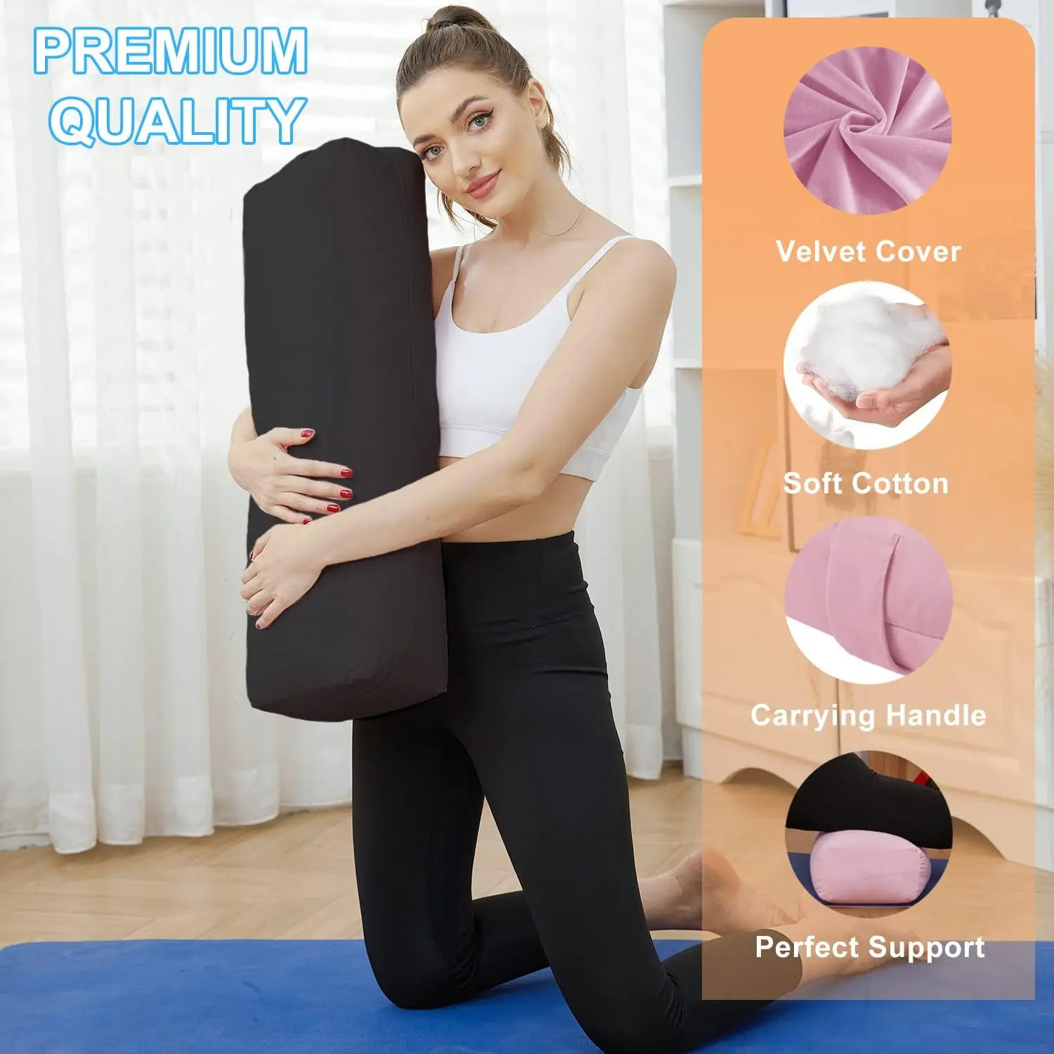 JIKE Yoga Pillow-Yoga Bolster Pillow for Restorative Yoga-Meditation Pillow with Velvet Cover,Filled with Soft Cotton,Black