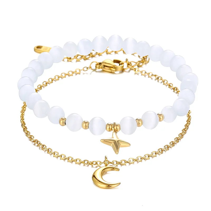 Star Moon Element Jewelry for Women Double Chain Design Light Luxury 18K Gold Plated Stainless Steel with Opal Elastic Bracelet