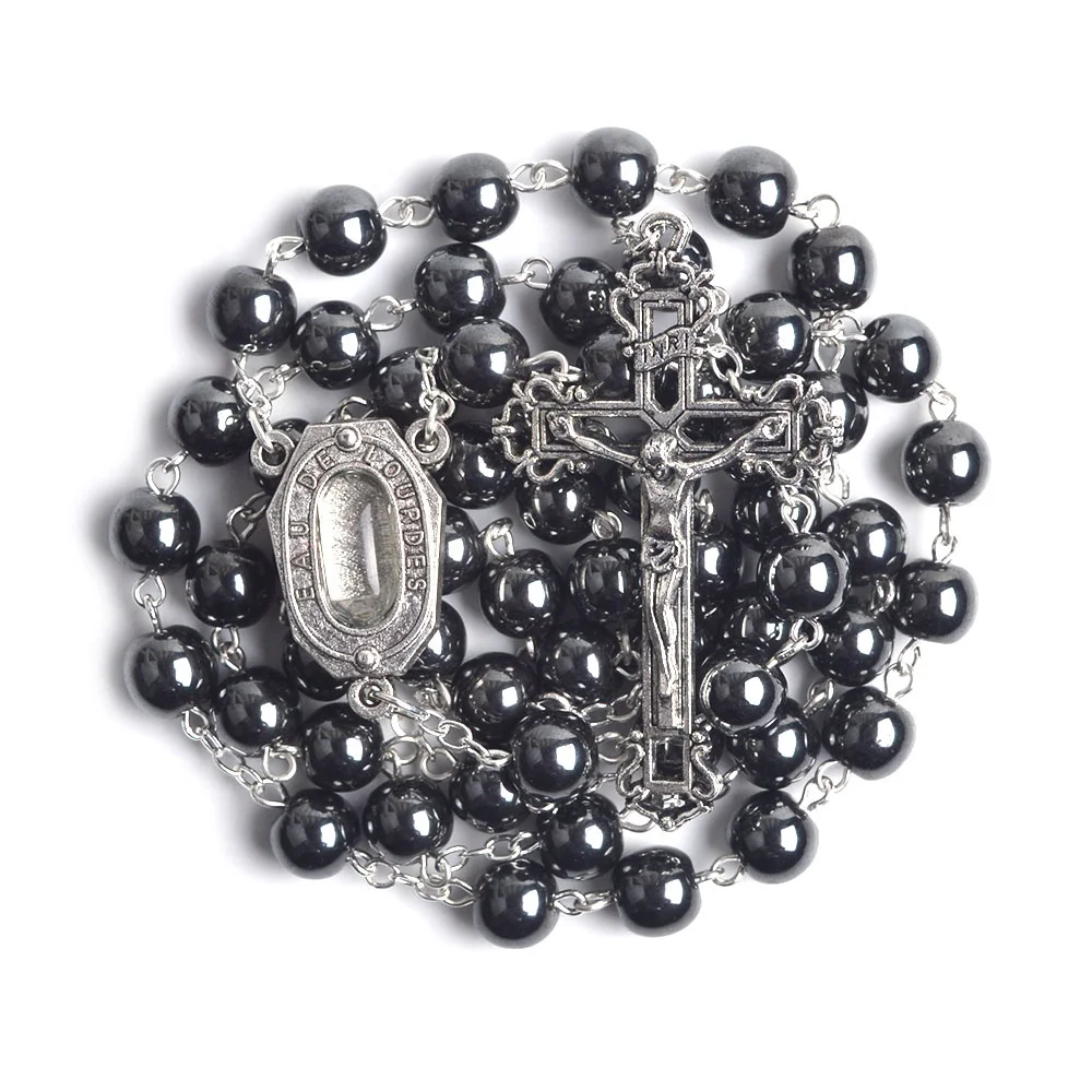 Holy Water Holy Soil 8mm Hematite Beads Jerusalem Cross Stainless Steel Chain Catholic Rosary