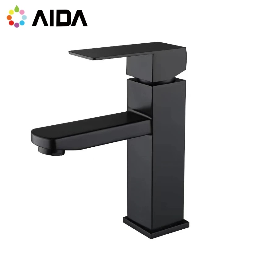 Hot Selling 304 Stainless Steel Hot Cold Single Handle Bathroom Black Water Faucet Rotated