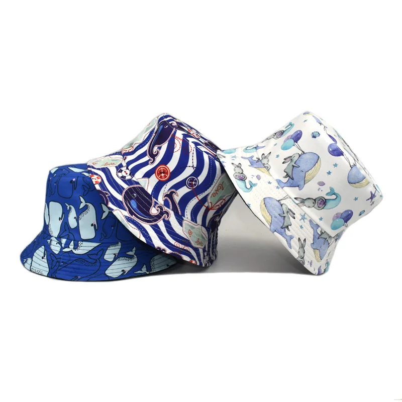 new coming 3 colors available wholesale sea animal printing bucket hats reversible
