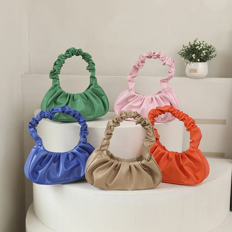New Wrinkled Simple One-Shoulder Small Bag Pink Color Cloud PU Handbags Mobile Phone Coin Purse Handbags Ladies
