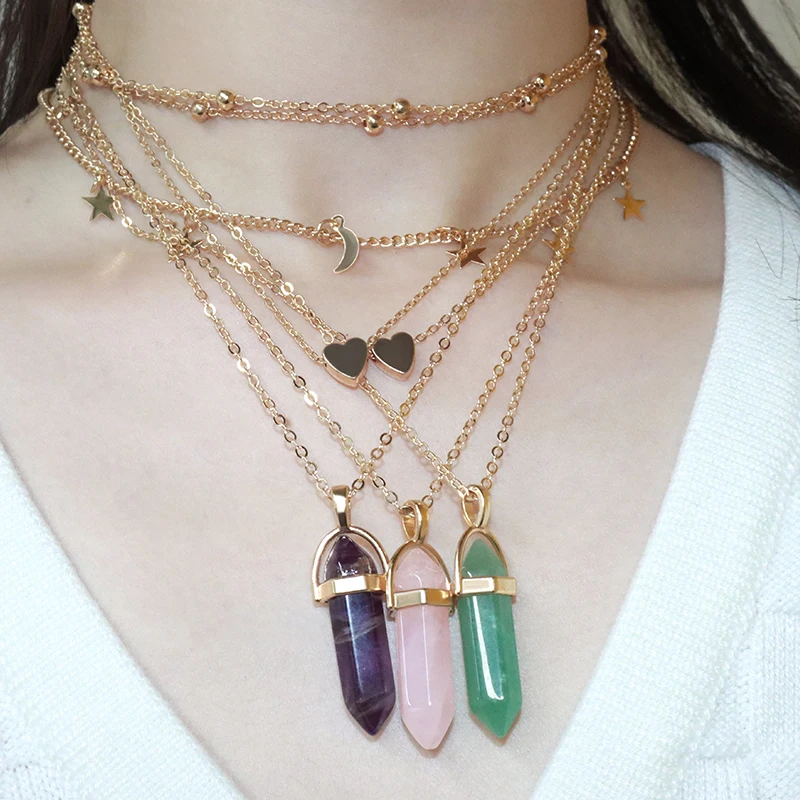 Hexagonal Crystal Pointed Quartz Pendants Healing Crystal Clear Necklace Charms Jewelry Making with Tree Wire Wrapped Artificial