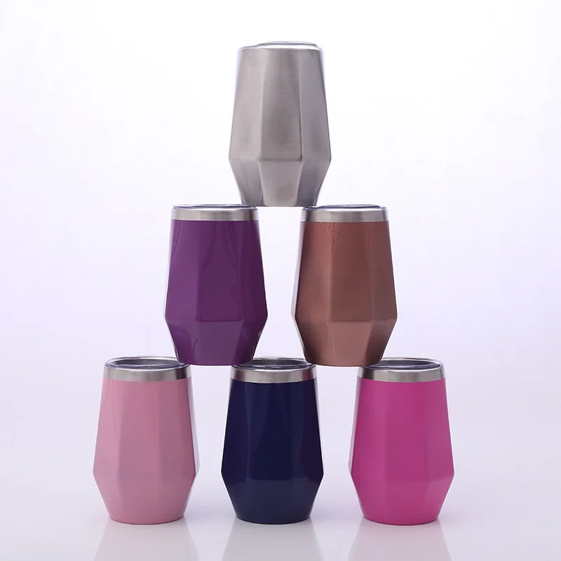 Diamond Shape 12OZ Cup Stainless Steel Stemless Wine Glass Egg Tumbler Double Wall Vacuum Insulated Coffee Mug