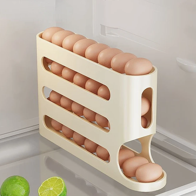 4 Tiers Automatic Refrigerator Egg Holder 30pcs Fresh Eggs Storage Container Box Large Capacity Rolling Egg Rack Dispenser