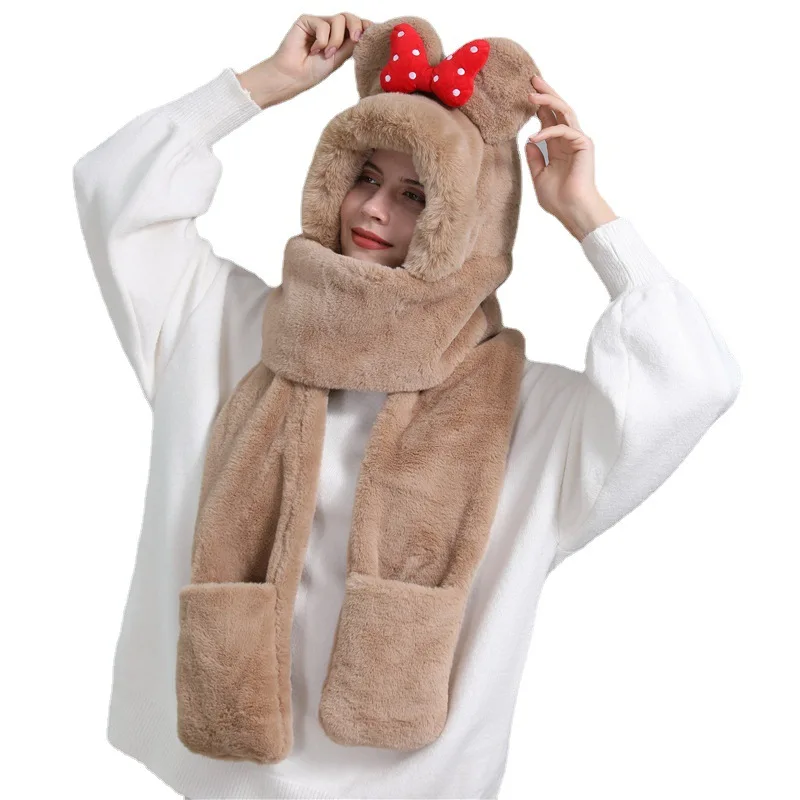 Осенне-зимний Новый Детский плюшевый головной убор с бантом шарф перчатки из трех частей однотонный милый теплый шарф