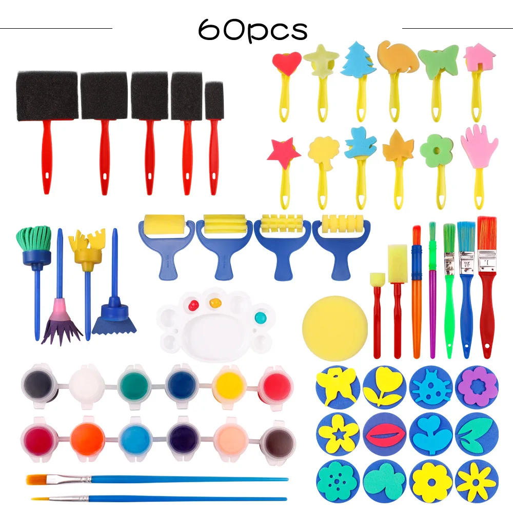 60Pcs Washable Finger Paint Set with Assorted Painting Brushes Sponges Smock Palette for Early Learning Kids Drawing Gifts