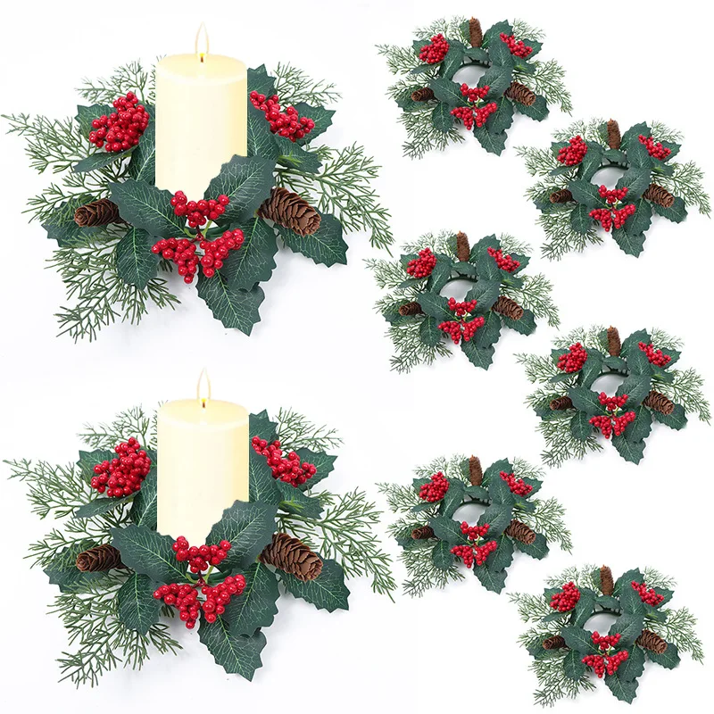 FY-01 Christmas Candle Pine Garland Red Berry Artificial Berries Snowy Pine Wreath for Christmas Wedding Home Table Centerpiece