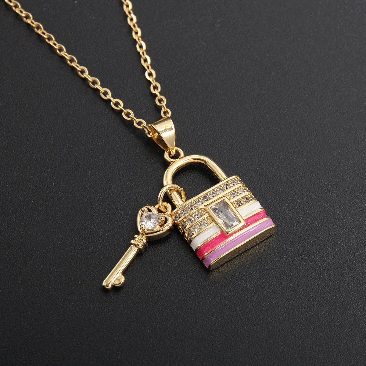 New Fashion Unisex Pendant Necklace Key Lock Diamond Zircon Copper Brass Link Chain Bamboo Style Party Religious Trendy