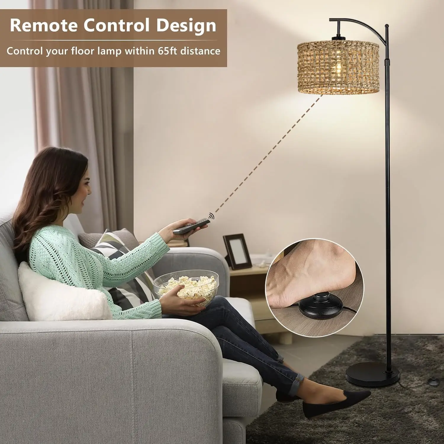Boho Rattan Arc Standing Lamp With Remote Adjustable Industrial Floor Lamps Bohemian Decor for Living Room