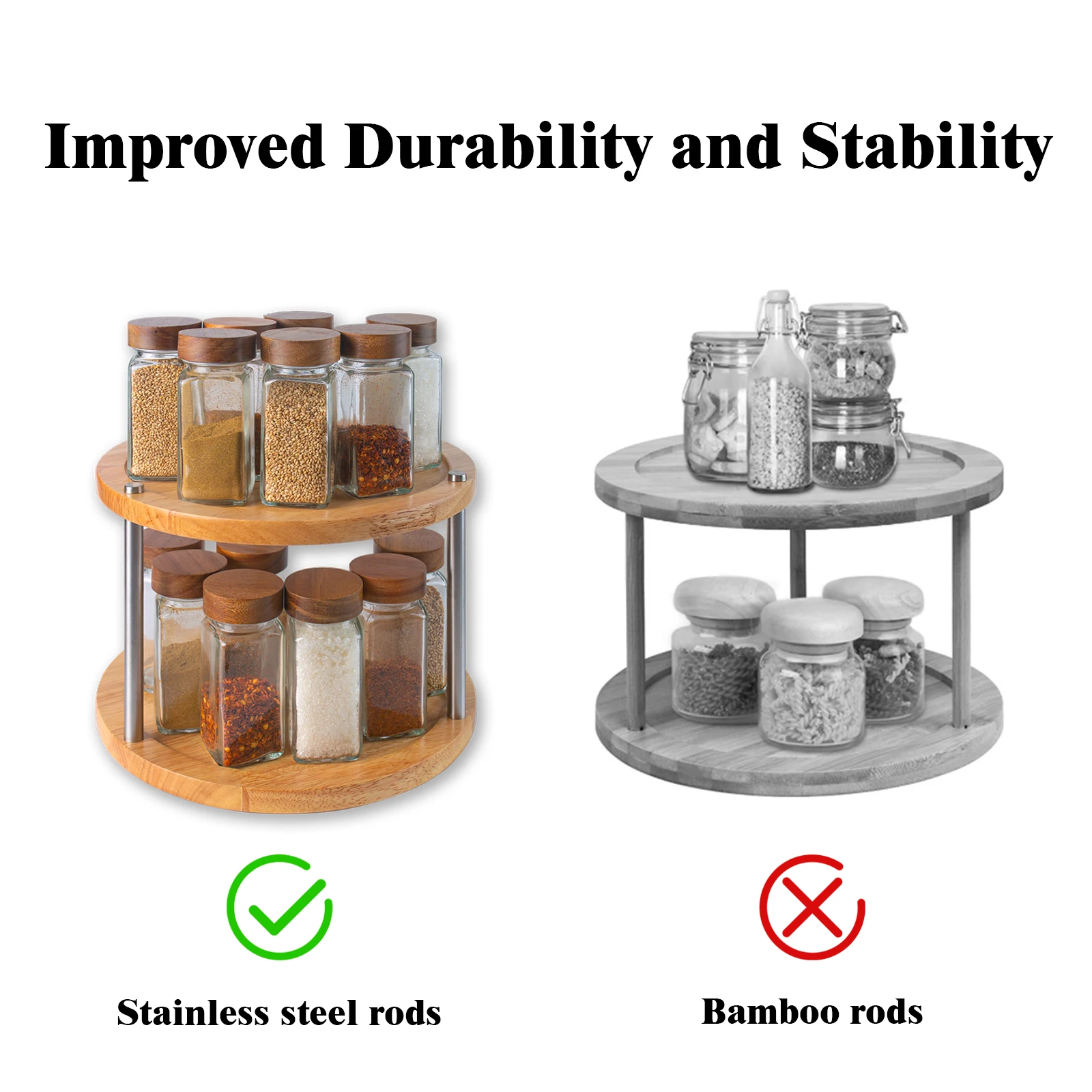 XH 2 tier rotating kitchen wood lazy susan turntable for cabinet, 2 tier lazy susan with stainsteeless rods