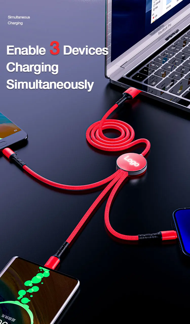 
led light Data Line 3 in 1 Cable For Android Type-c Mobile Phone Usb One Dragging Three Cord 1.2M 