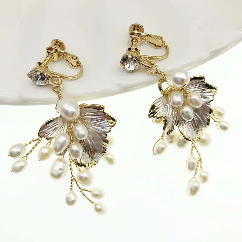 SLBRIDAL Handmade Rhinestones Crystal Freshwater Pearls Clip On Wedding Dangle Earring Bridal Chandelier Earring Women Jewelry