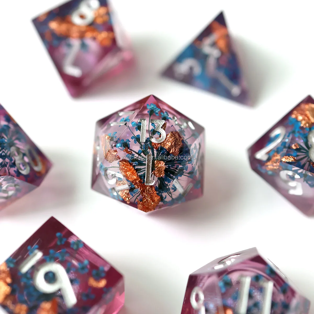 Unique Handmade 7pc Sharp Edge Resin Polyhedral Dice D&D Dungeons and Dragons RPG dice-Flower Liquid Core Dices