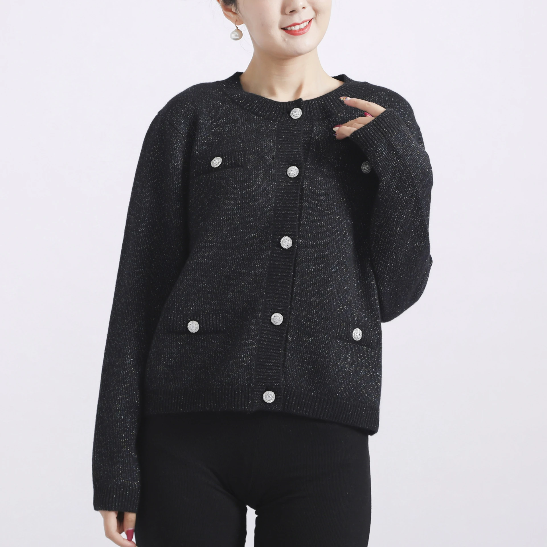 Soft metallic yarn cashmere Cardigan  paillette cloison cashmere cardigan