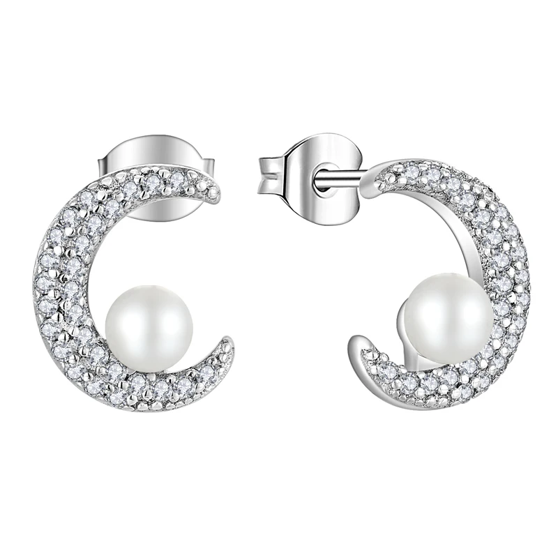 Wholesale Women Islamic Earrings Stud Gift 925 Sterling Silver 4MM Freshwater Pearl Luxury Religious Earrings Moon Jewelry