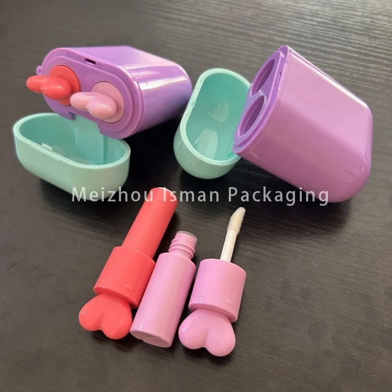 Custom 10ml Double Sides Ended Airpord Earphone Lip Gloss Tubes Heart Lip Applicator 2 in 1 Lipgloss Tube Packaging Container