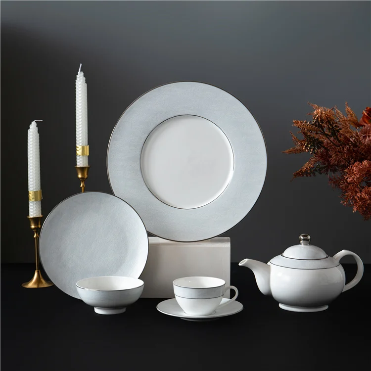 Factory direct selling 8/12 inch silver rim wedding charger plates bone china round steak plate for hotel