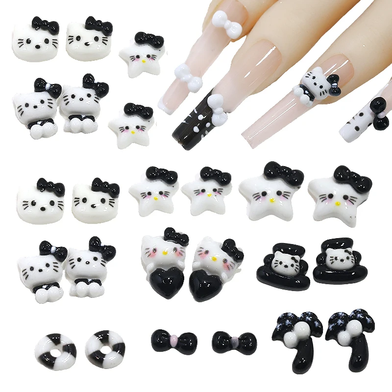 New 3d Black White Cartoon KT Cat Nail Accessories Cute Katy Cat Bow Flat Back Resin Rhinestone Nail Art Charms
