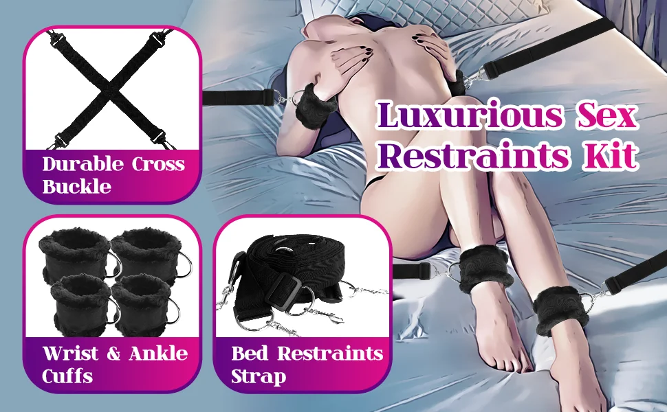 Bed Adjustable Bondage Restraints Cross Strap Wrist Ankle Cuffs Durable Nylon and Soft Plush BDSM Toys for Couples