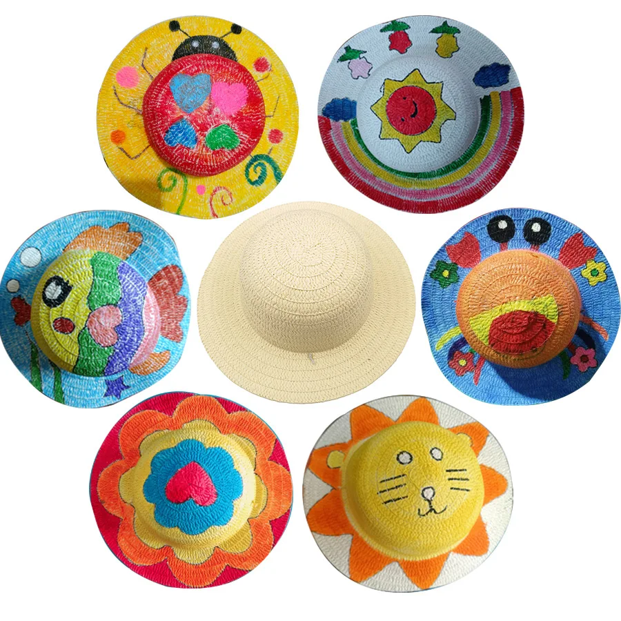 Wowei DIY Straw Hat Set Beach Summer Work Farmer Hats for Men Women Kids Cowboy Birthday Party Decoration