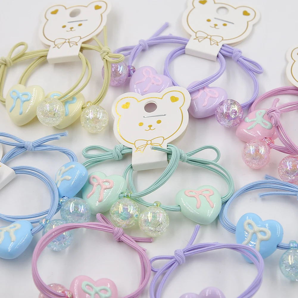 2Pcs/Card Fruit Knocker Balls Hair Ties Bows Heart Twin Bead Bubble Ponytail Holders Hair Rope For Kids Hair Accessories