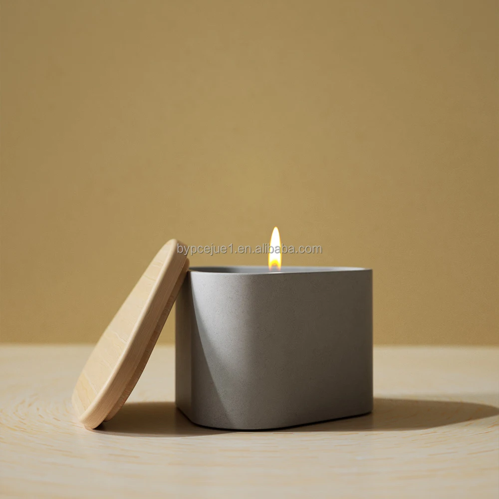 50oz Nordic Custom Cement Candle Vesel Candle Holder Luxury Empty Stone Concrete Large Square Big Candle Jars With Bamboo Lid