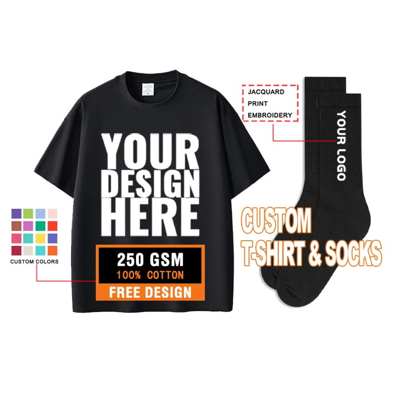 High Quality Custom T Shirt & Socks Free Design TShirt Designer Crew Socks Unisex Cotton Print T Shirt Crew Socks