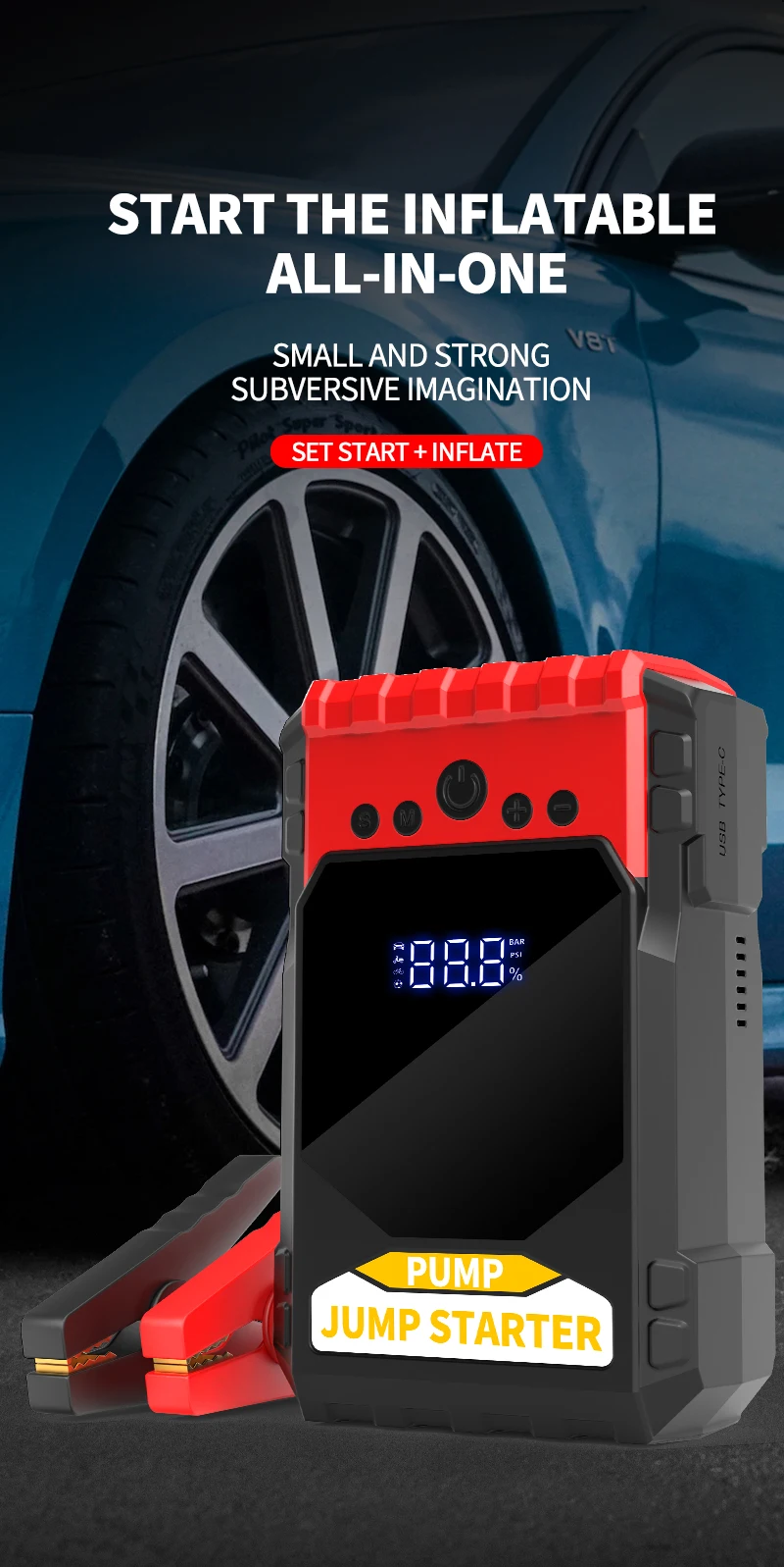 12 24 Volt Emergency Portable Jump Starter with Air Compressor 1000A Power Bank Tire Inflator Pump 12V Starting Device Car Boost