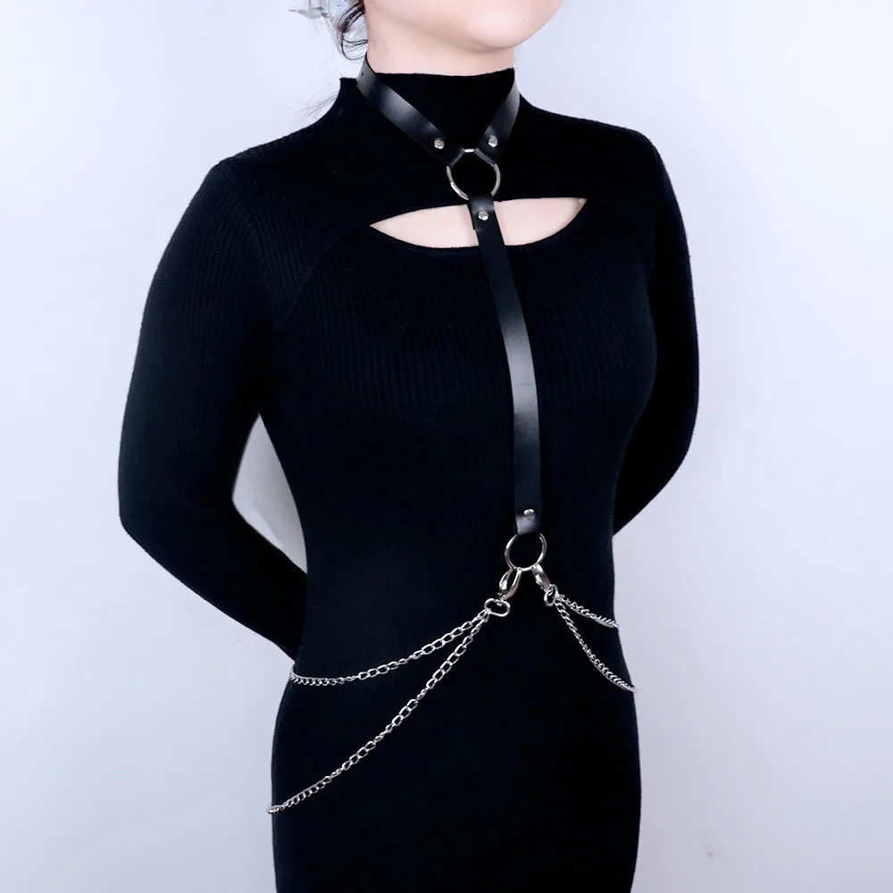 Sexy PU Leather Women Harness Body Chain Chest Lingerie Belt Pastel Goth Suspender Neck Waist Bondage Underwear Garter Belt