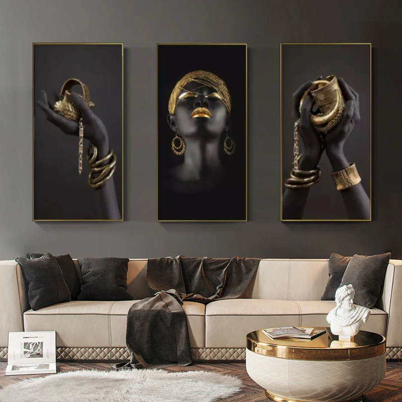 Customizable African women canvas wall art black gold home decor african woman portrait oil painting